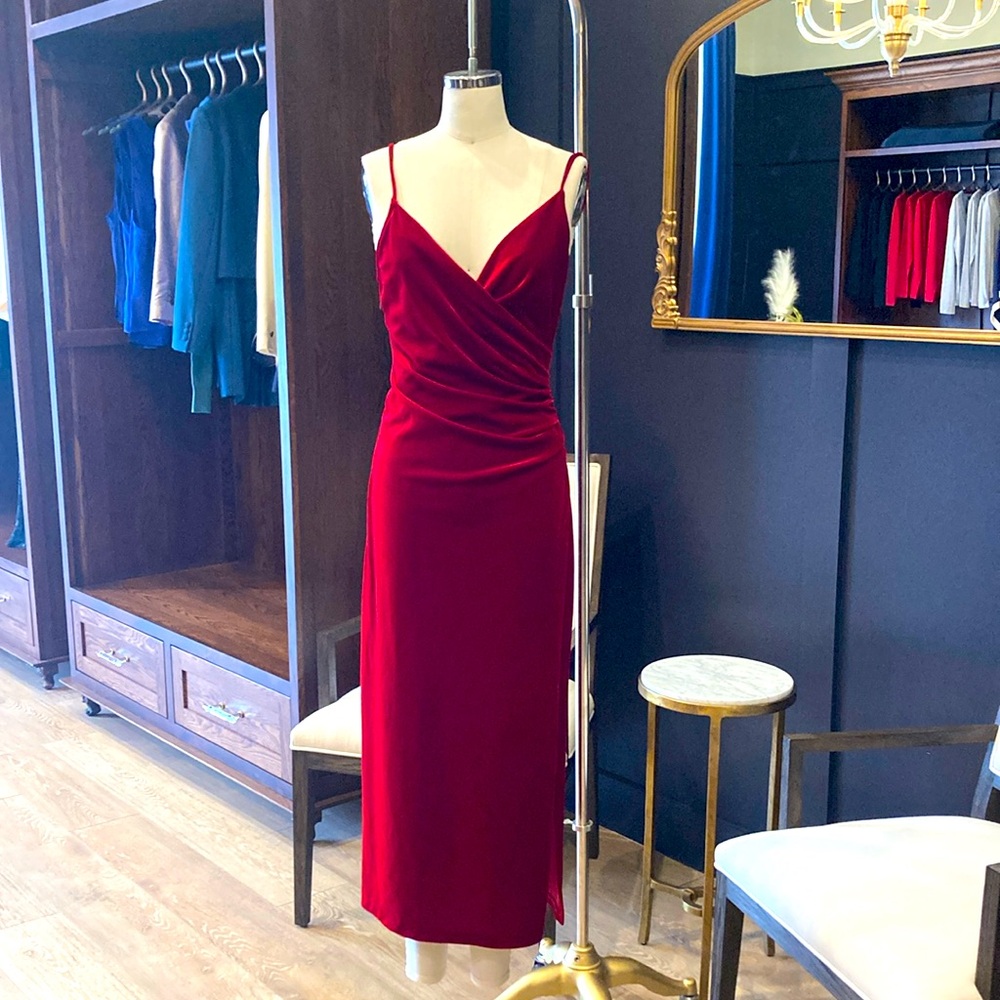 Sexy stretch velour red dress. Side slit and side zipper.